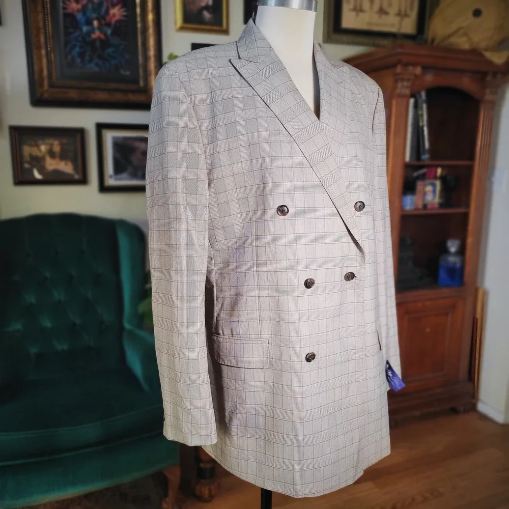 Sean John Gray‎ Blazer Jacket Plaid Double-Breasted Checkered Notched Large